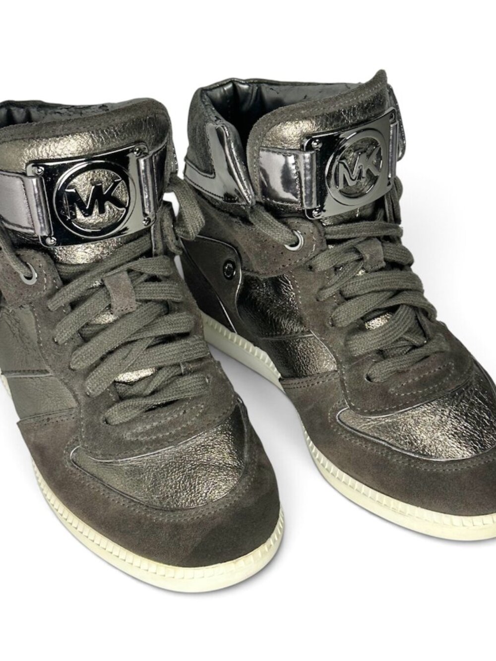 Michael Kors Nikko Wedge Sneakers Womens 7M Metallic Suede High Top MK Logo